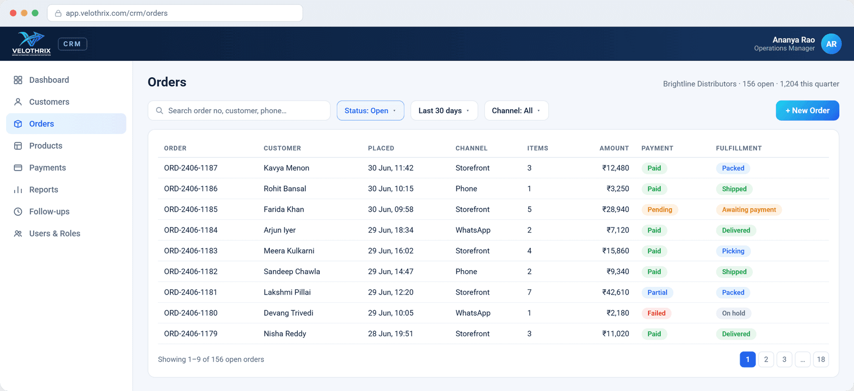 Orders — every channel in one list (storefront, phone, WhatsApp) with payment and fulfilment status.