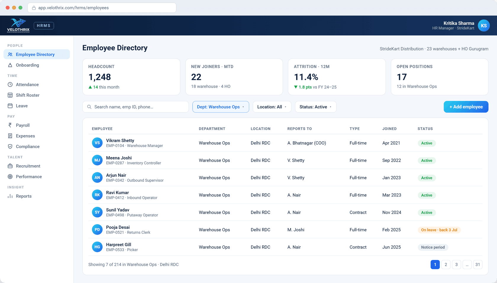 Employee directory — one register: profiles, departments, reporting lines and status across every site.