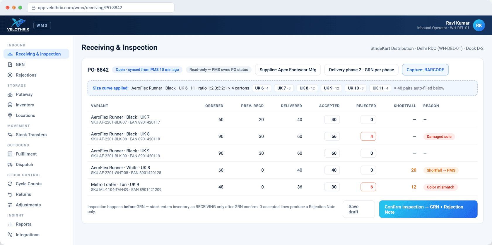 Receipt & inspection — accept/reject per line with shortfall detection, before GRN.